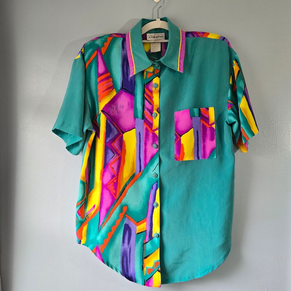PREO-City Girl Short Sleeved Dress Shirt Green w/Multicolor Geometric Design